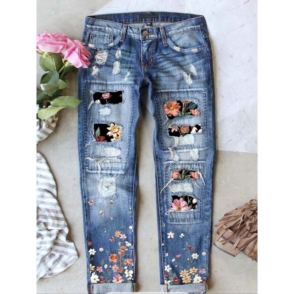 ASTYLISH Denim - ASTYLISH Floral Patch Distressed Boyfriend Skinny Jeans, Size S BEACH PARTY!